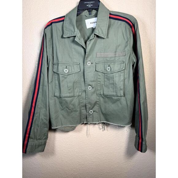 Pistola Camilo Cropped Military Style Jacket size M Green With Red Blue Stripe - Picture 1 of 8